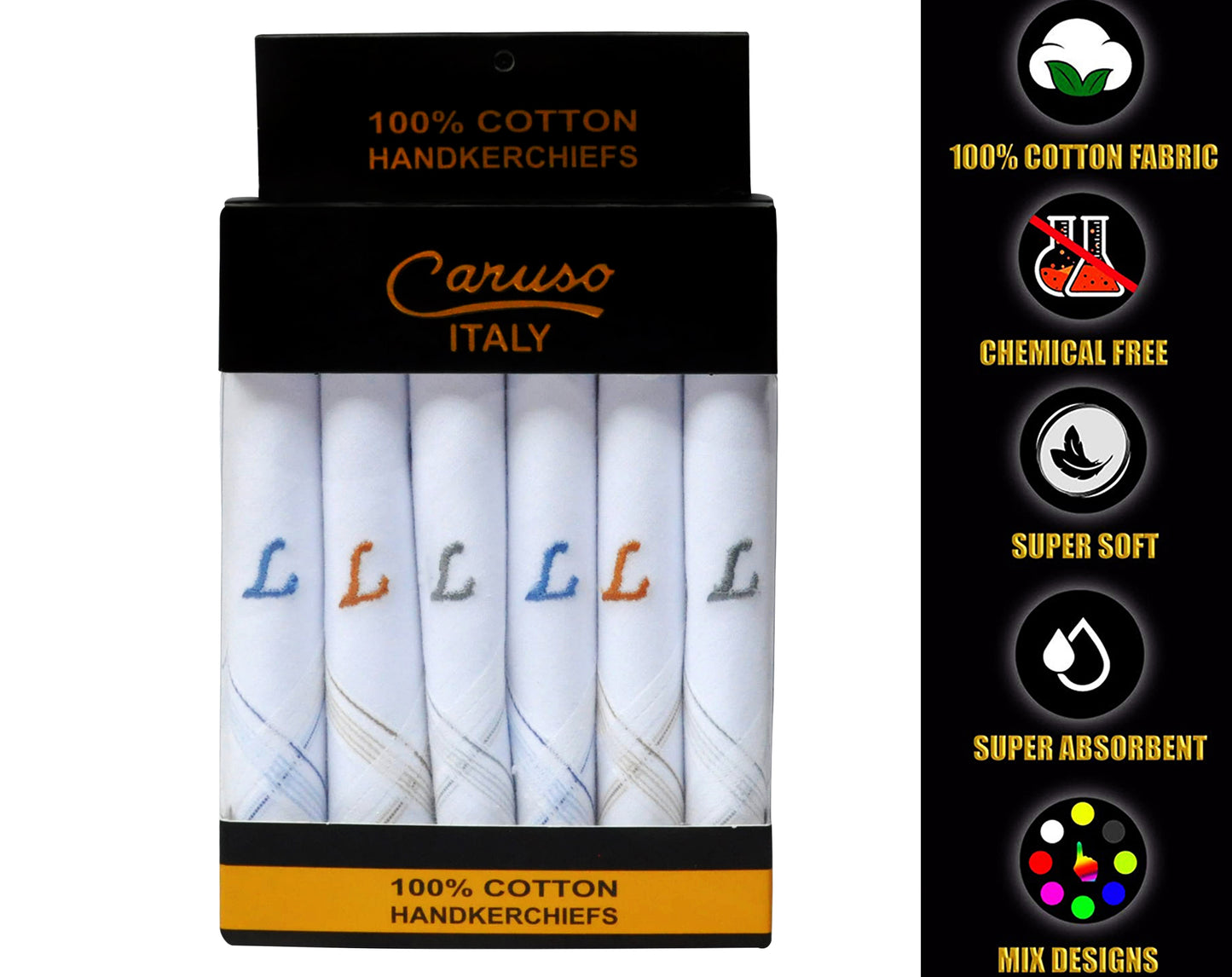 Caruso Italy Men's Initial Monogram L Embroidery 100% Pure Cotton Handkerchief White Base With Colored Border - Pack Of 6