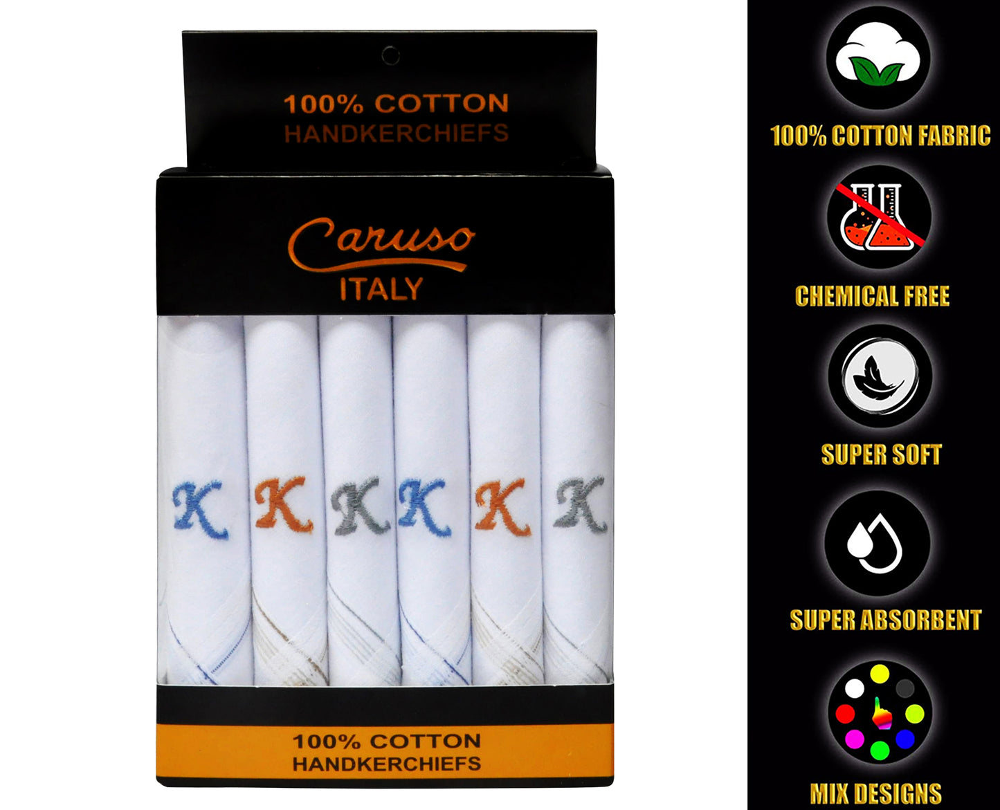 Caruso Italy Men's Initial Monogram K Embroidery 100% Pure Cotton Handkerchief White Base With Colored Border - Pack Of 6