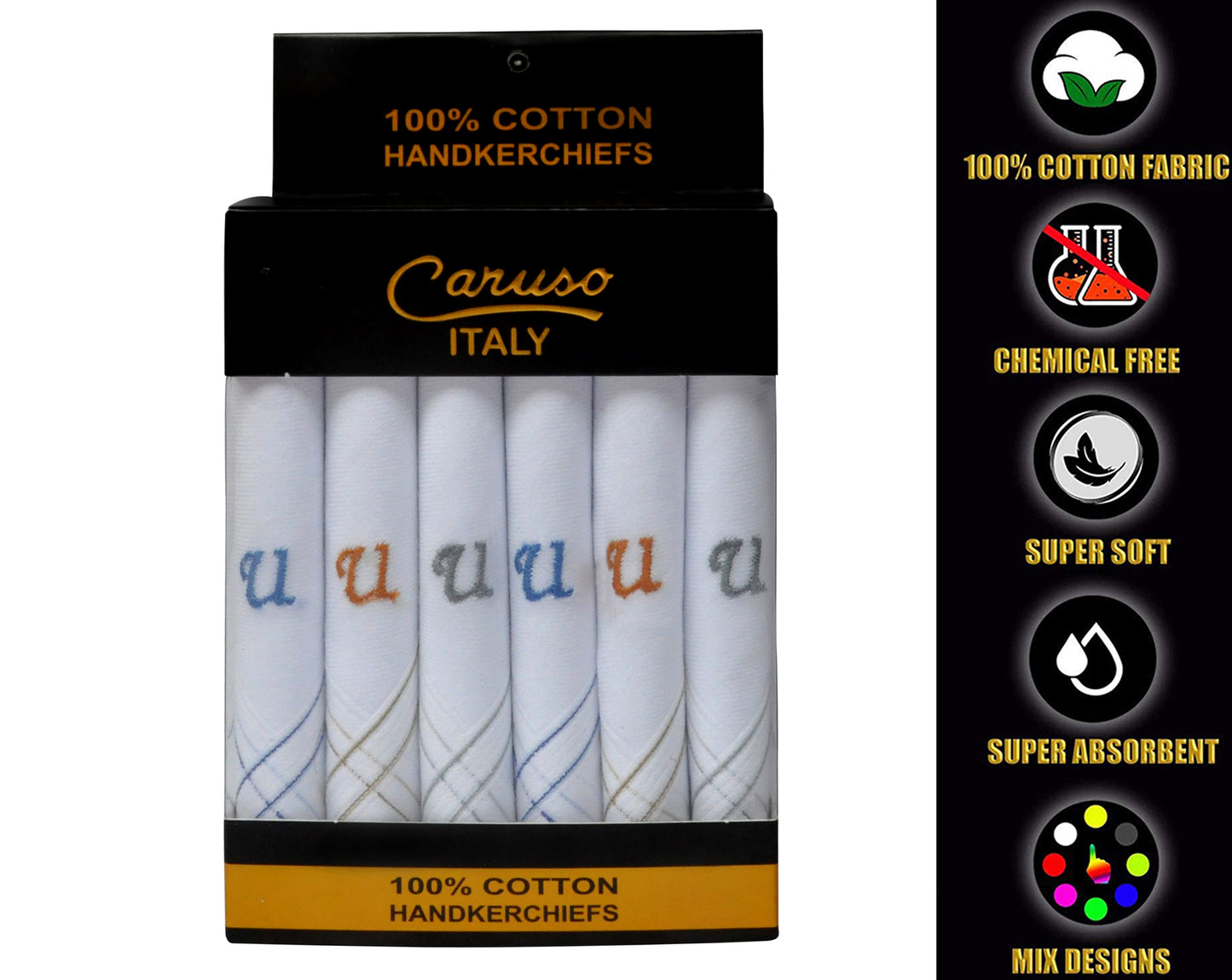 Caruso Italy Men's Initial Monogram U Embroidery 100% Pure Cotton Handkerchief White Base With Colored Border - Pack Of 6
