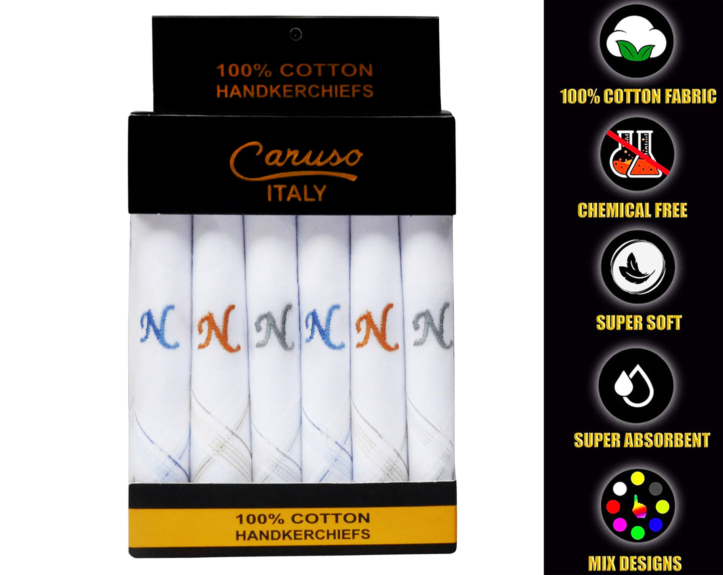Caruso Italy Men's Initial Monogram N Embroidery 100% Pure Cotton Handkerchief White Base With Colored Border - Pack Of 6