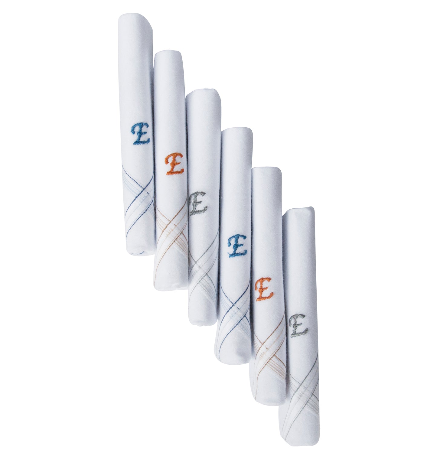 Caruso Italy Men's Initial Monogram E Embroidery 100% Pure Cotton Handkerchief White Base With Colored Border - Pack Of 6
