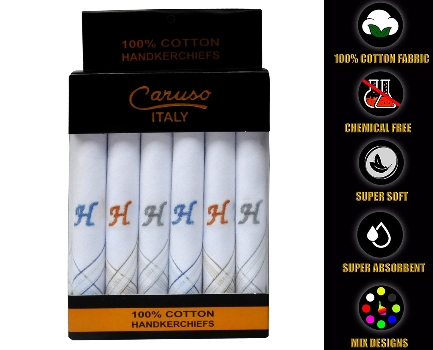 Caruso Italy Men's Initial Monogram H Embroidery 100% Pure Cotton Handkerchief White Base With Colored Border - Pack Of 6