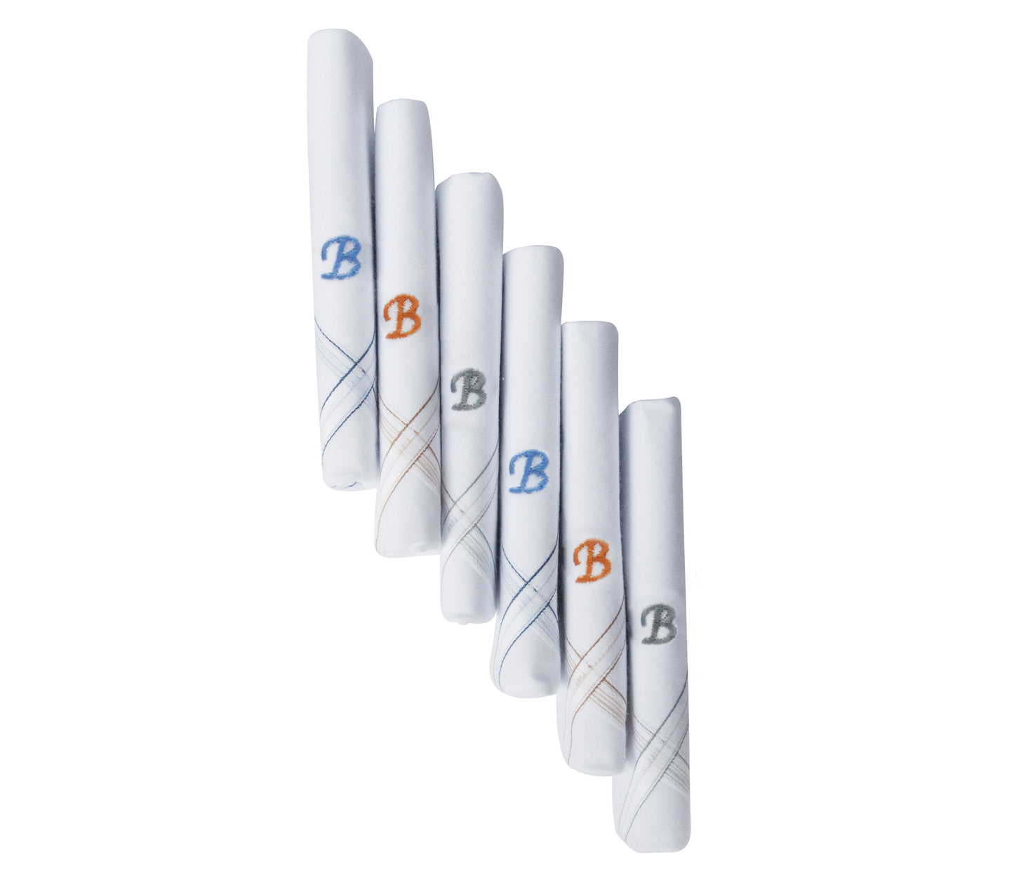 Caruso Italy Men's Initial Monogram B Embroidery 100% Pure Cotton Handkerchief White Base With Colored Border - Pack Of 6