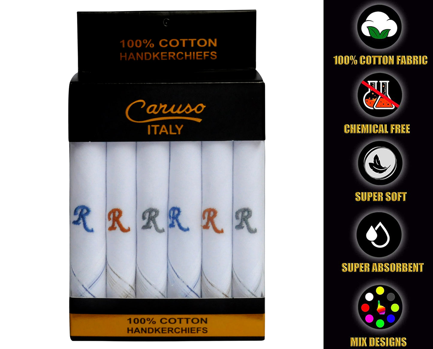 Caruso Italy Men's Initial Monogram R Embroidery 100% Pure Cotton Handkerchief White Base With Colored Border - Pack Of 6