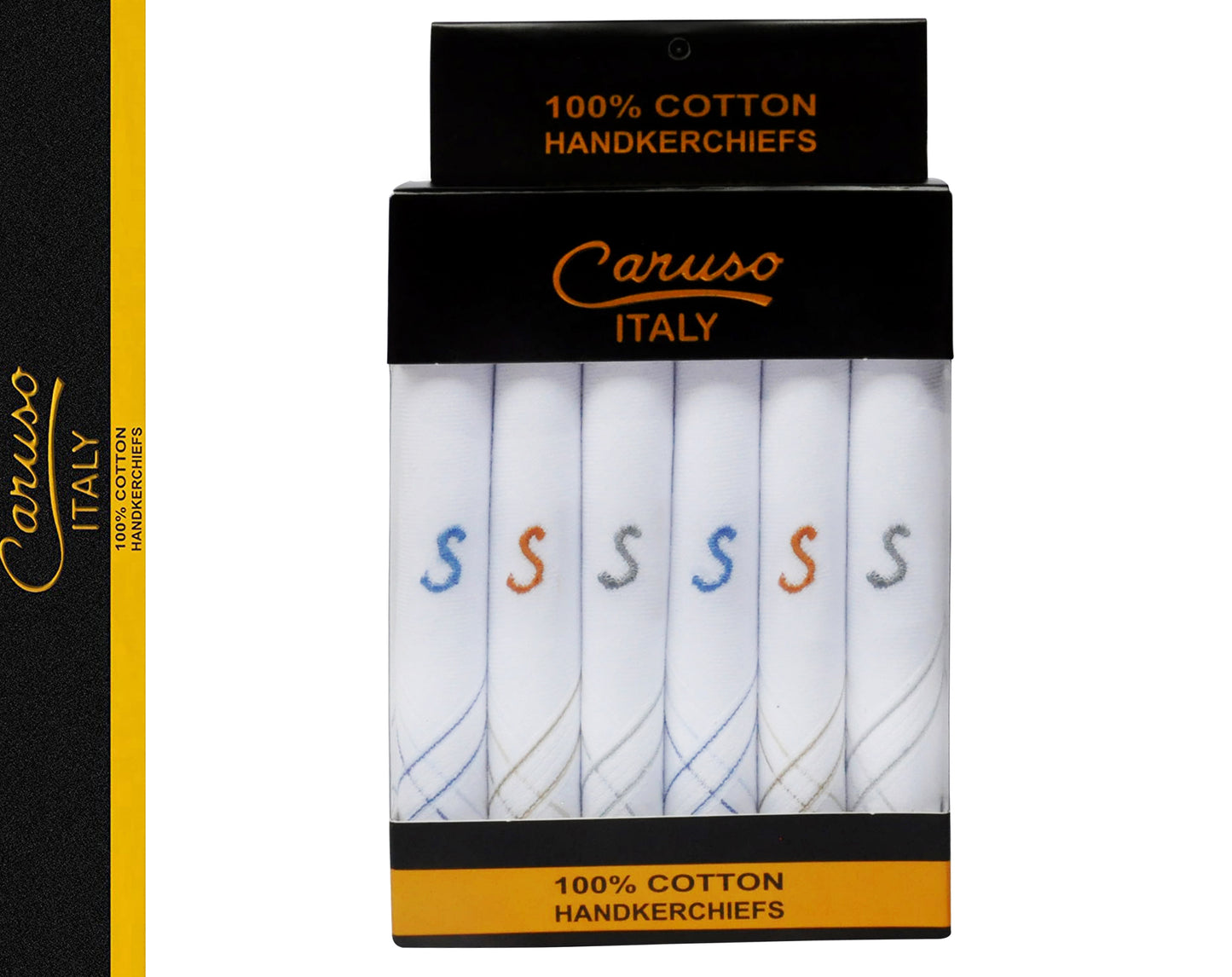 Caruso Italy Men's Initial Monogram S Embroidery 100% Pure Cotton Handkerchief White Base With Colored Border - Pack Of 6