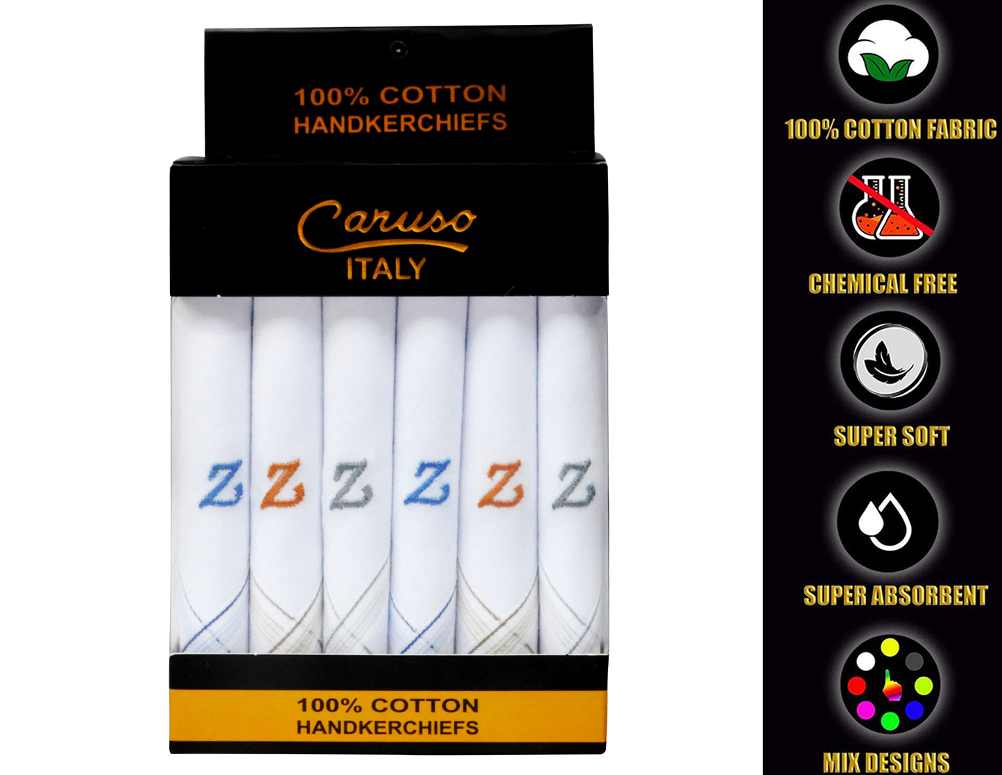 Caruso Italy Men's Initial Monogram Z Embroidery 100% Pure Cotton Handkerchief White Base With Colored Border - Pack Of 6