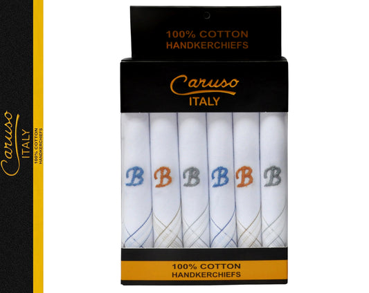 Caruso Italy Men's Initial Monogram B Embroidery 100% Pure Cotton Handkerchief White Base With Colored Border - Pack Of 6