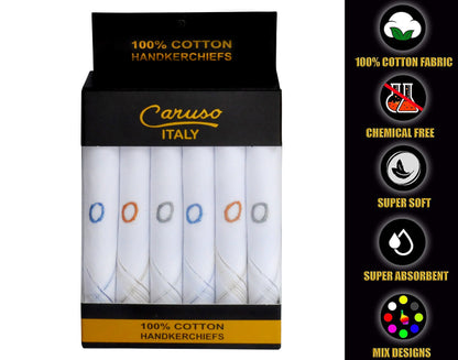 Caruso Italy Men's Initial Monogram O Embroidery 100% Pure Cotton Handkerchief White Base With Colored Border - Pack Of 6