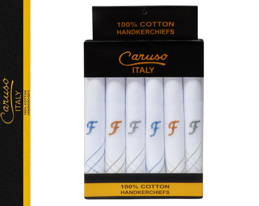 Caruso Italy Men's Initial Monogram F Embroidery 100% Pure Cotton Handkerchief White Base With Colored Border - Pack Of 6