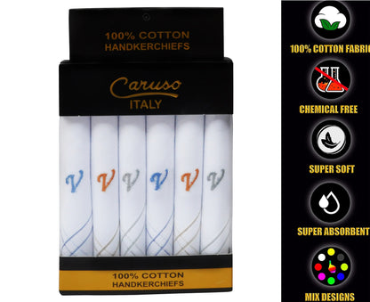 Caruso Italy Men's Initial Monogram V Embroidery 100% Pure Cotton Handkerchief White Base With Colored Border - Pack Of 6