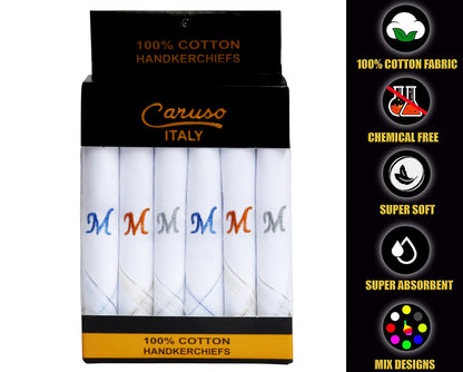 Caruso Italy Men's Initial Monogram M Embroidery 100% Pure Cotton Handkerchief White Base With Colored Border - Pack Of 6