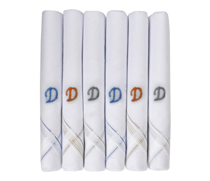 Caruso Italy Men's Initial Monogram D Embroidery 100% Pure Cotton Handkerchief White Base With Colored Border - Pack Of 6