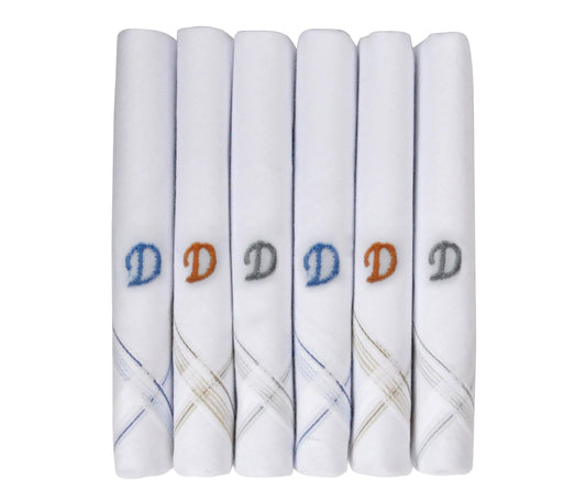 Caruso Italy Men's Initial Monogram D Embroidery 100% Pure Cotton Handkerchief White Base With Colored Border - Pack Of 6