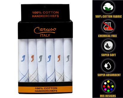 Caruso Italy Men's Initial Monogram J Embroidery 100% Pure Cotton Handkerchief White Base With Colored Border - Pack Of 6