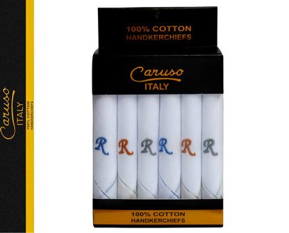 Caruso Italy Men's Initial Monogram R Embroidery 100% Pure Cotton Handkerchief White Base With Colored Border - Pack Of 6
