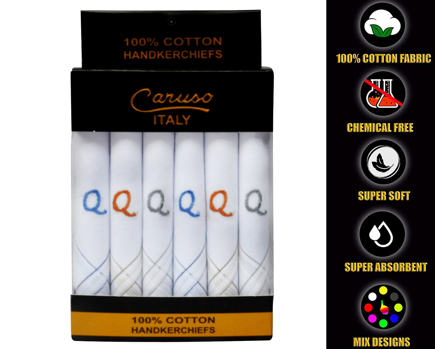 Caruso Italy Men's Initial Monogram Q Embroidery 100% Pure Cotton Handkerchief White Base With Colored Border - Pack Of 6
