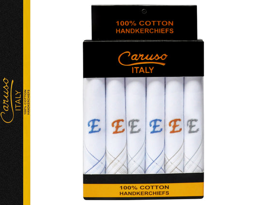 Caruso Italy Men's Initial Monogram E Embroidery 100% Pure Cotton Handkerchief White Base With Colored Border - Pack Of 6