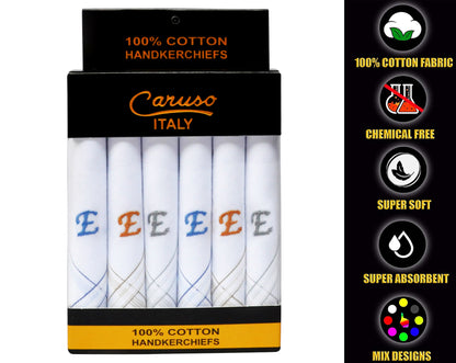 Caruso Italy Men's Initial Monogram E Embroidery 100% Pure Cotton Handkerchief White Base With Colored Border - Pack Of 6
