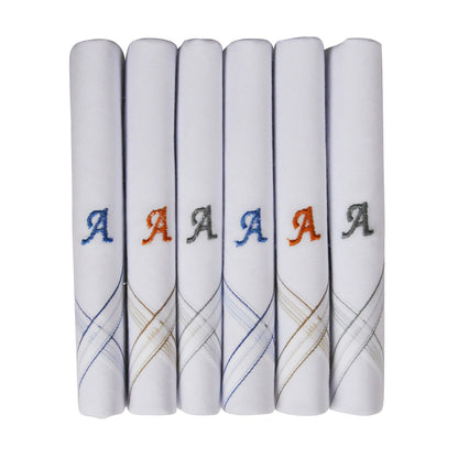 Caruso Italy Men's Initial Monogram A Embroidery 100% Pure Cotton Handkerchief White Base With Colored Border - Pack Of 6