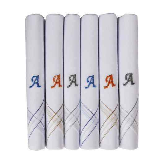 Caruso Italy Men's Initial Monogram A Embroidery 100% Pure Cotton Handkerchief White Base With Colored Border - Pack Of 6