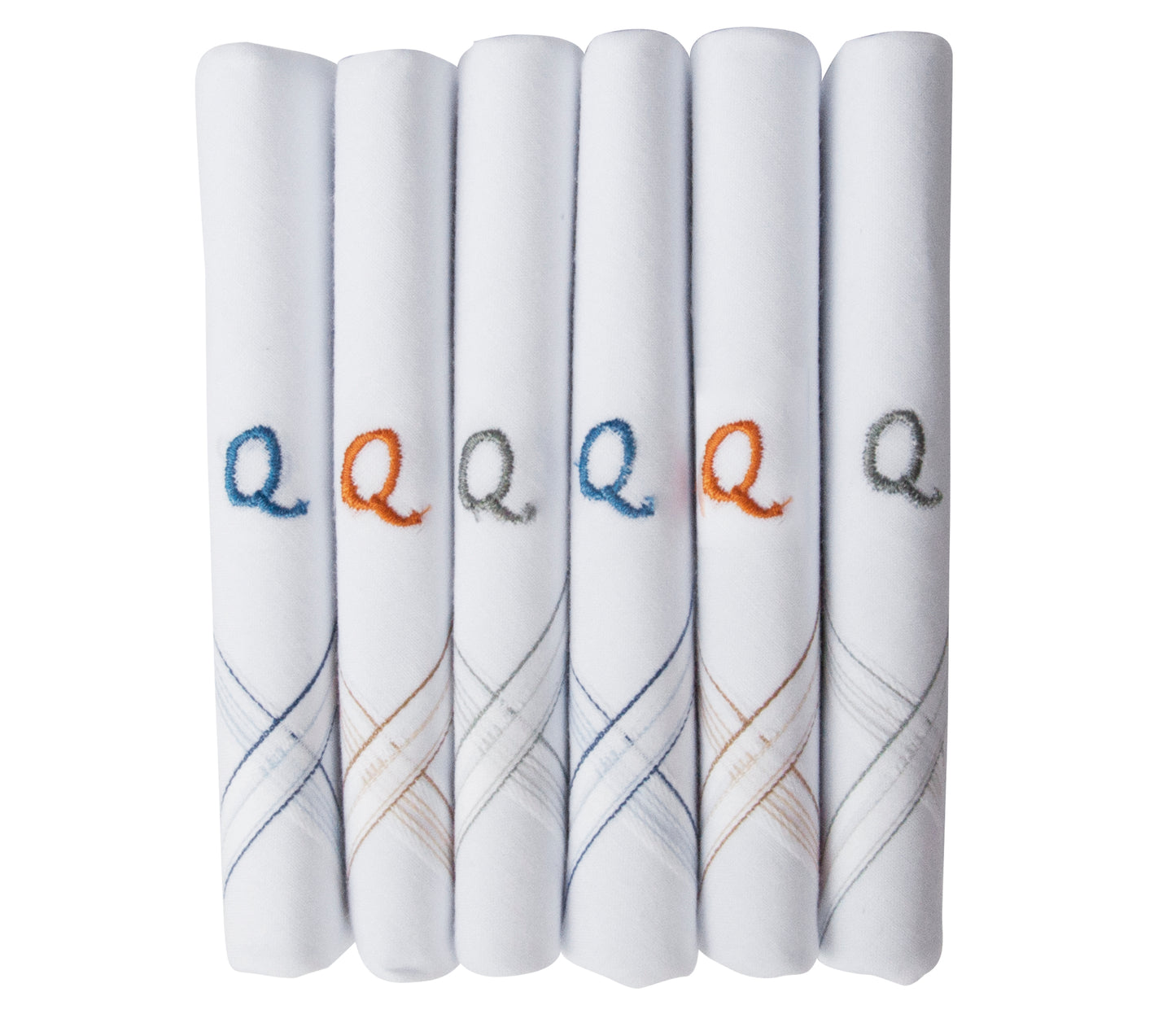 Caruso Italy Men's Initial Monogram Q Embroidery 100% Pure Cotton Handkerchief White Base With Colored Border - Pack Of 6