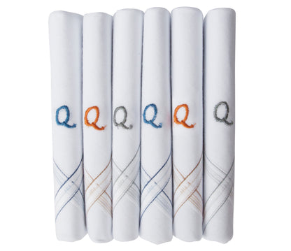 Caruso Italy Men's Initial Monogram Q Embroidery 100% Pure Cotton Handkerchief White Base With Colored Border - Pack Of 6