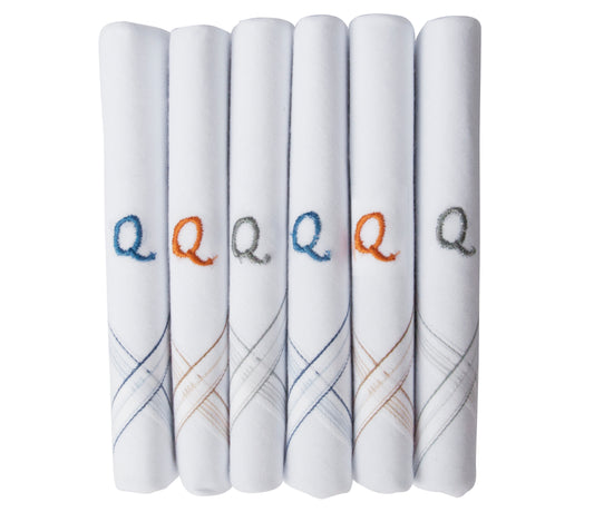 Caruso Italy Men's Initial Monogram Q Embroidery 100% Pure Cotton Handkerchief White Base With Colored Border - Pack Of 6