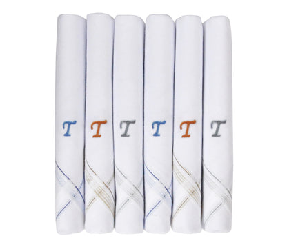 Caruso Italy Men's Initial Monogram T Embroidery 100% Pure Cotton Handkerchief White Base With Colored Border - Pack Of 6