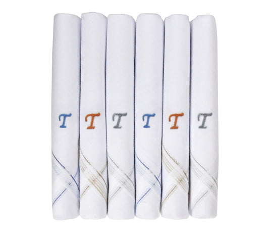 Caruso Italy Men's Initial Monogram T Embroidery 100% Pure Cotton Handkerchief White Base With Colored Border - Pack Of 6