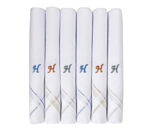 Caruso Italy Men's Initial Monogram H Embroidery 100% Pure Cotton Handkerchief White Base With Colored Border - Pack Of 6