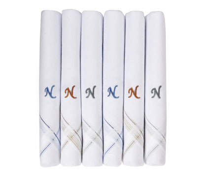 Caruso Italy Men's Initial Monogram N Embroidery 100% Pure Cotton Handkerchief White Base With Colored Border - Pack Of 6