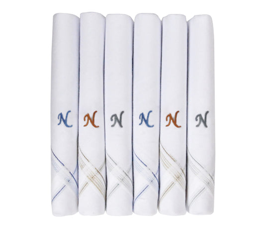 Caruso Italy Men's Initial Monogram N Embroidery 100% Pure Cotton Handkerchief White Base With Colored Border - Pack Of 6