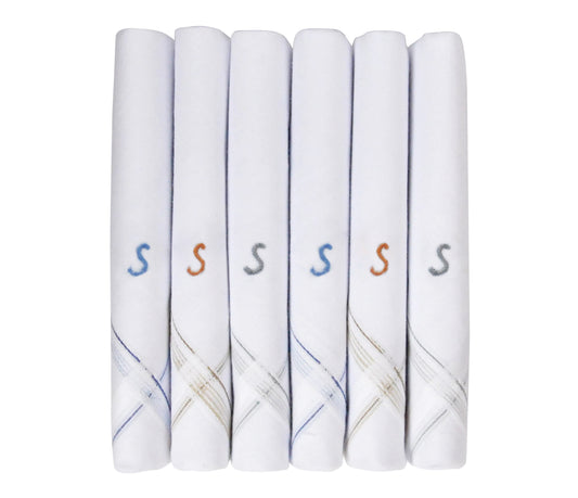 Caruso Italy Men's Initial Monogram S Embroidery 100% Pure Cotton Handkerchief White Base With Colored Border - Pack Of 6