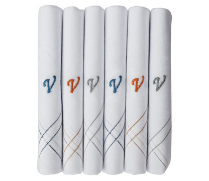 Caruso Italy Men's Initial Monogram V Embroidery 100% Pure Cotton Handkerchief White Base With Colored Border - Pack Of 6