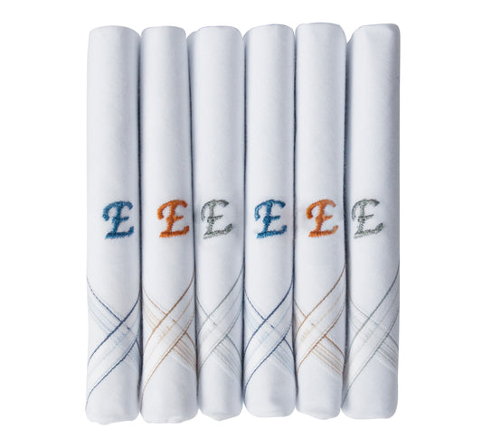 Caruso Italy Men's Initial Monogram E Embroidery 100% Pure Cotton Handkerchief White Base With Colored Border - Pack Of 6