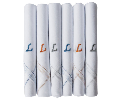 Caruso Italy Men's Initial Monogram L Embroidery 100% Pure Cotton Handkerchief White Base With Colored Border - Pack Of 6