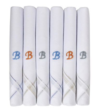 Caruso Italy Men's Initial Monogram B Embroidery 100% Pure Cotton Handkerchief White Base With Colored Border - Pack Of 6