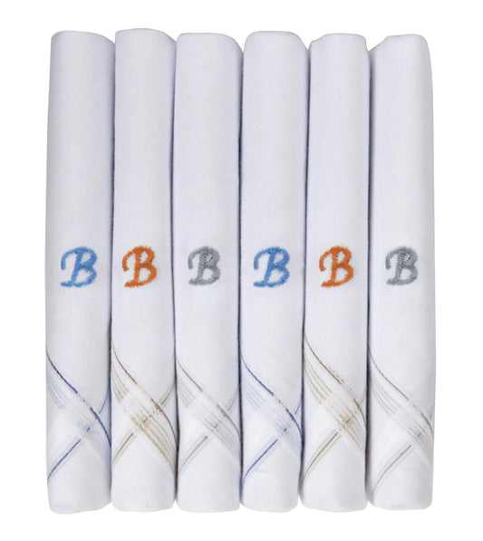 Caruso Italy Men's Initial Monogram B Embroidery 100% Pure Cotton Handkerchief White Base With Colored Border - Pack Of 6
