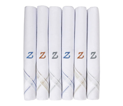 Caruso Italy Men's Initial Monogram Z Embroidery 100% Pure Cotton Handkerchief White Base With Colored Border - Pack Of 6