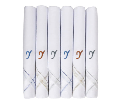 Caruso Italy Men's Initial Monogram Y Embroidery 100% Pure Cotton Handkerchief White Base With Colored Border - Pack Of 6