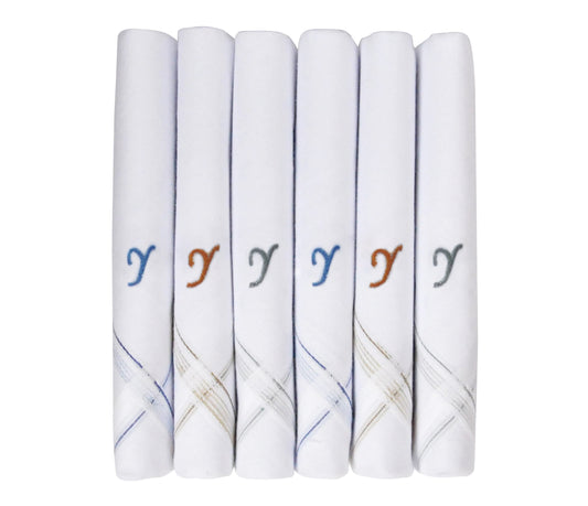 Caruso Italy Men's Initial Monogram Y Embroidery 100% Pure Cotton Handkerchief White Base With Colored Border - Pack Of 6