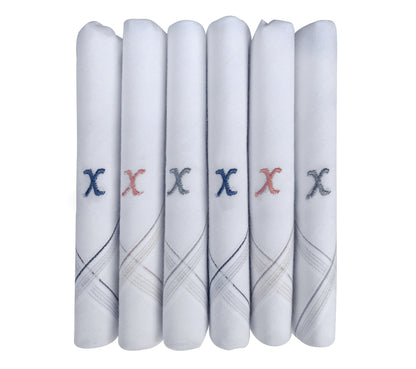 Caruso Italy Men's Initial Monogram X Embroidery 100% Pure Cotton Handkerchief White Base With Colored Border - Pack Of 6