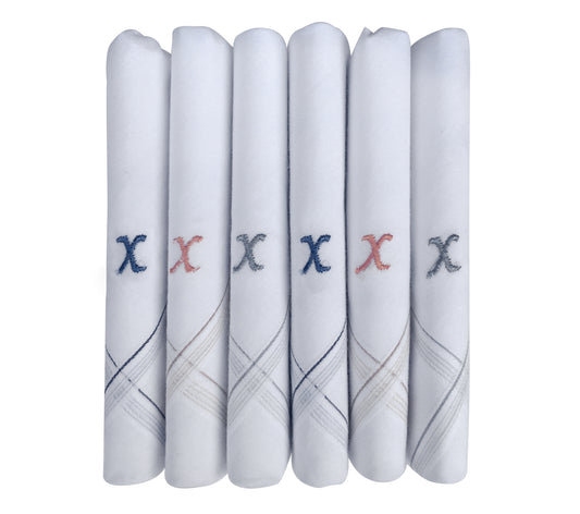 Caruso Italy Men's Initial Monogram X Embroidery 100% Pure Cotton Handkerchief White Base With Colored Border - Pack Of 6