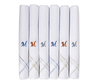 Caruso Italy Men's Initial Monogram M Embroidery 100% Pure Cotton Handkerchief White Base With Colored Border - Pack Of 6