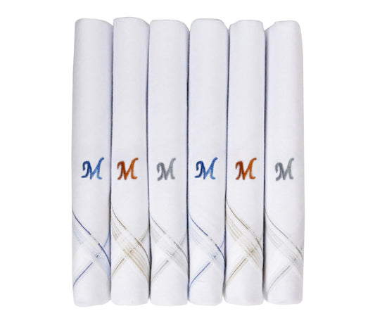 Caruso Italy Men's Initial Monogram M Embroidery 100% Pure Cotton Handkerchief White Base With Colored Border - Pack Of 6