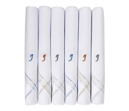Caruso Italy Men's Initial Monogram J Embroidery 100% Pure Cotton Handkerchief White Base With Colored Border - Pack Of 6
