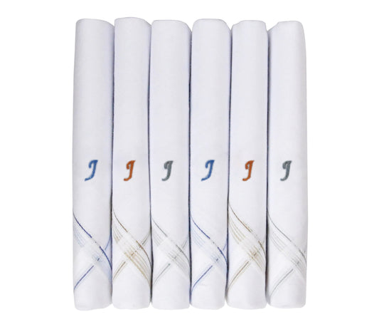 Caruso Italy Men's Initial Monogram J Embroidery 100% Pure Cotton Handkerchief White Base With Colored Border - Pack Of 6