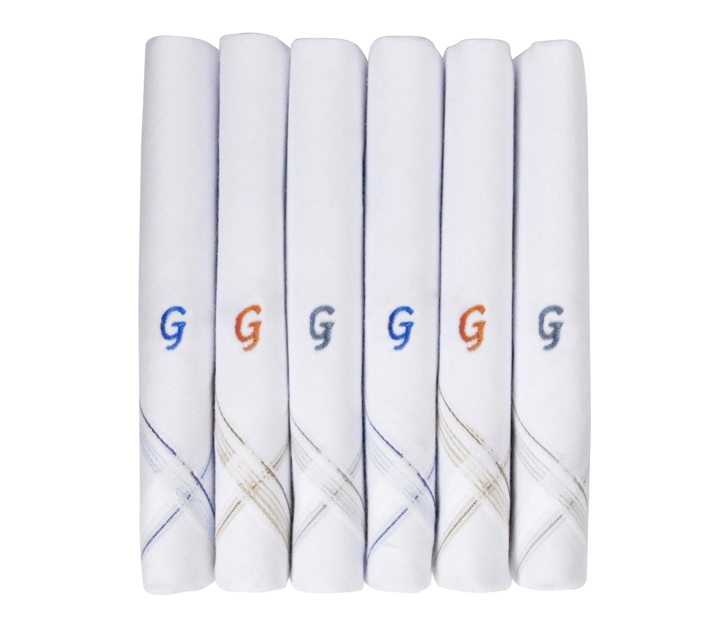 Caruso Italy Men's Initial Monogram G Embroidery 100% Pure Cotton Handkerchief White Base With Colored Border - Pack Of 6