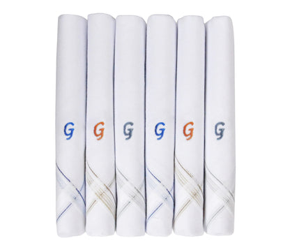 Caruso Italy Men's Initial Monogram G Embroidery 100% Pure Cotton Handkerchief White Base With Colored Border - Pack Of 6