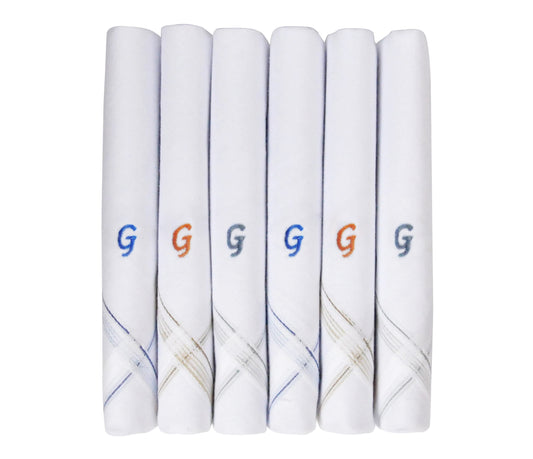 Caruso Italy Men's Initial Monogram G Embroidery 100% Pure Cotton Handkerchief White Base With Colored Border - Pack Of 6